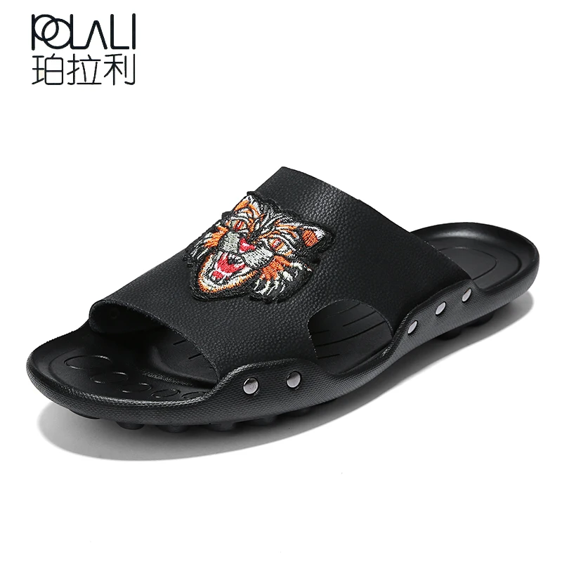 

High Quality Genuine Leather Men Slippers Fashion Rubber Male Slippers Casual Beach Slippers Summer Male Massage Slipper