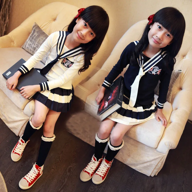 

4-12Y Girls Clothes Set 3 pieces Tie + Long Sleeve T shirt + Skirt Baby Girls School Clothing Set Spring Autumn 4 - 12 years