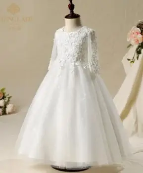 

Fashion brand Handmade lace Half Sleeve Girls Flower Wedding Dress white Appliques Party ball Gown Princess Birthday Dress 3-10Y