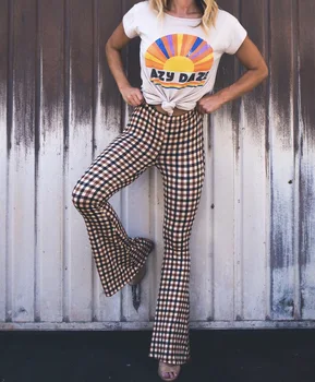 

Women Sexy Ladies High Waist Flare Pants Retro Plaid Pattern Print Bell-bottom Long Pant Casual Pant Sexy bell-bottomed pants
