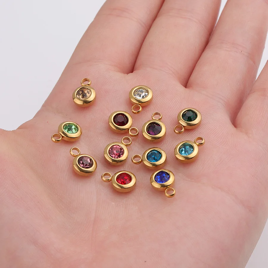 

Gold Stainless Steel Birthstone Charms Birthday Stone 6.5mm Colorful Crystal Birthstone Charm Geboortestenen Wholesale 60pcs