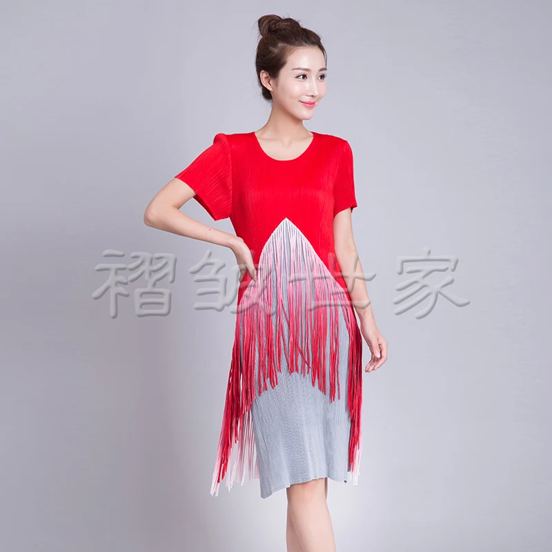 

HOT SELLING Miyake The new summer color tassel three quarter fashion temperament fold Urban Wind dress IN STOCK