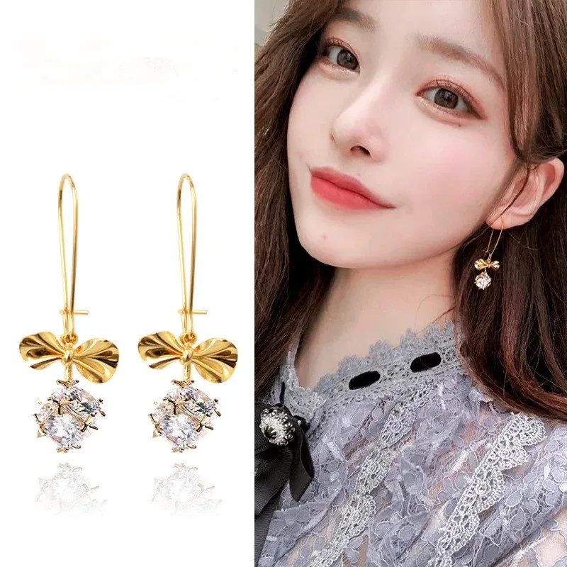 Japanese Korea Style Metal Bowknot Earrings Zirconia Dangle Drop Earing