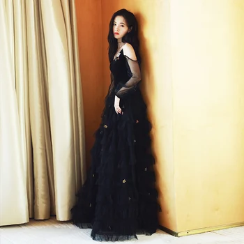 

Runway Designer 2019 Black Long Dress Summer Women Velvet Mesh Patchwork Maxi Dress Elegant Party Vestidos Robe Femme