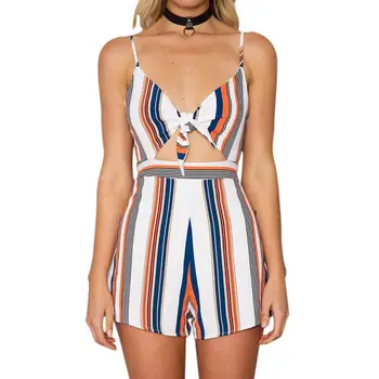 

Sweet Fruit Print Bow Tie Up Rompers Women Summer Deep V Neck Hollow Out Jumpsuits Backless Playsuit Women Clothing