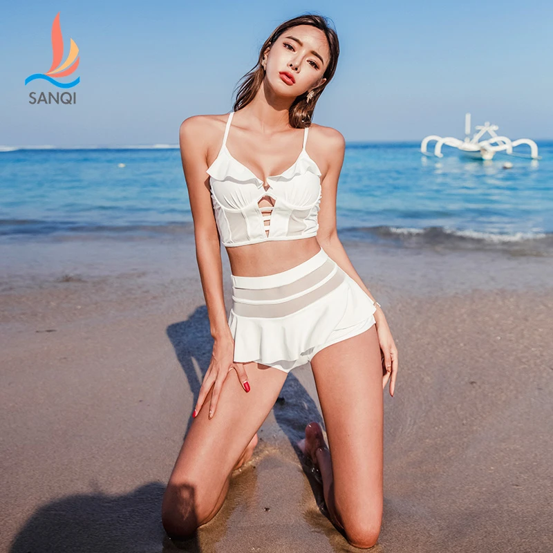 SANQi split strój kąpielowy Bikini spódnica damska w stylu zakryte małe  piersi zbierające stroje kąpielowe Spa|Body| - AliExpress
