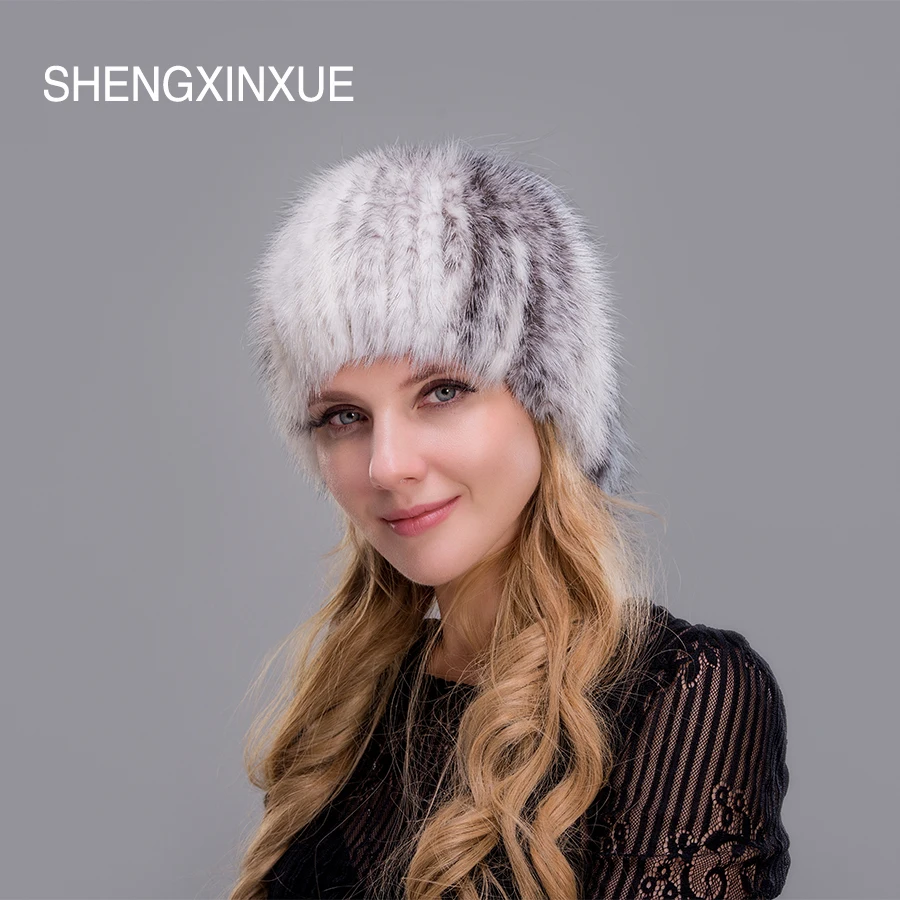 

JIQIUZHANXUEFEI 2019 Nature Real mink fur winter hat for women pompoms cat girls