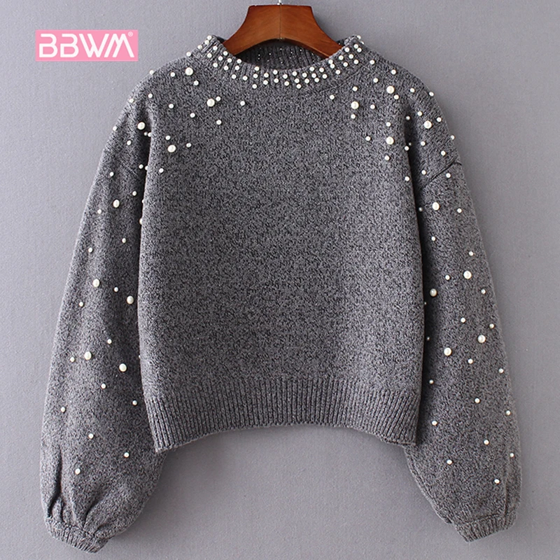 

Winter warm women's 2018 new round neck pullover long sleeve pearl decorative lantern sleeve short female sweater