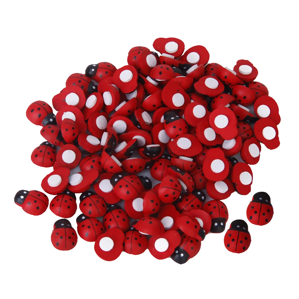 MagiDeal 100 Pcs Wooden Painted Wood Ladybug Stickers Scrapbooking double-sided adhesive in the bottom Kids Party Favor Supply 