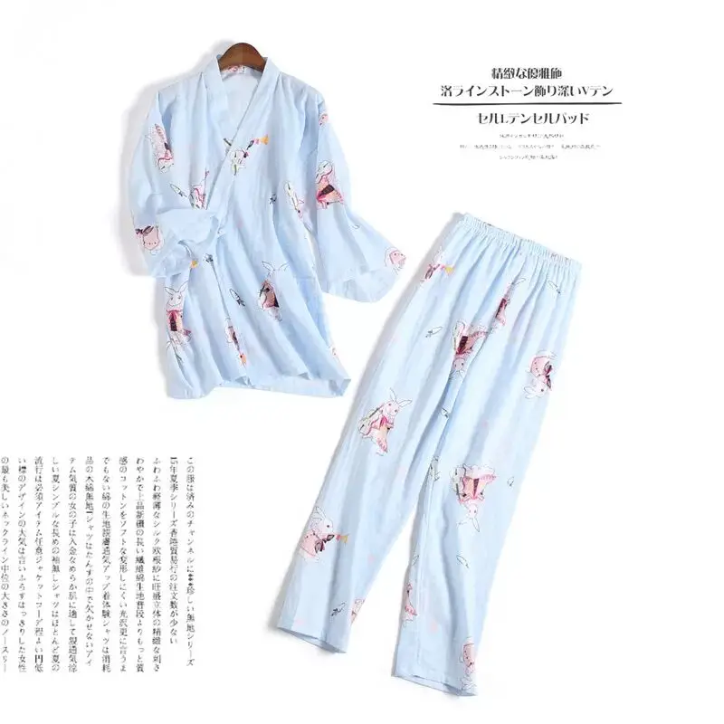 Весенне-летнее женское хлопковое кроличье кимоно, пижамный комплект, двойной газ, рукав три четверти, брюки, милые японские домашние услуги