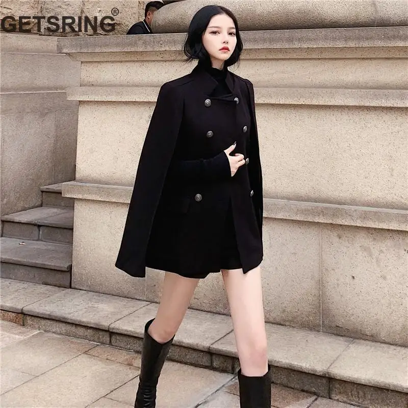 

GETSRING Women Winter Coat Double Breasted Cloak Black Woolen Jacket All Match Woolen Coat Loose Capes Fashion Ponchos Autumn