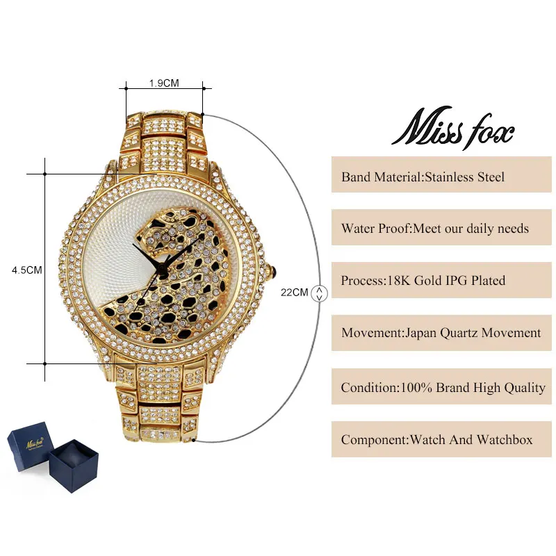 MISSFOX Miss Fox Модные кварцевые часы для женщин 2018 Роскошные наручные золотые женские