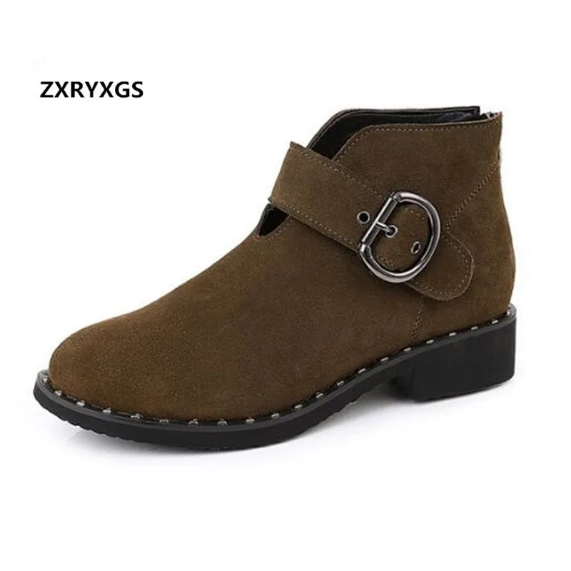 

2018 New Fashion Shoes Woman Autumn Winter Matte Cowhide Leather Boots Thick Heel Soft Bottom Women Boots Ankle Boots Plus Size