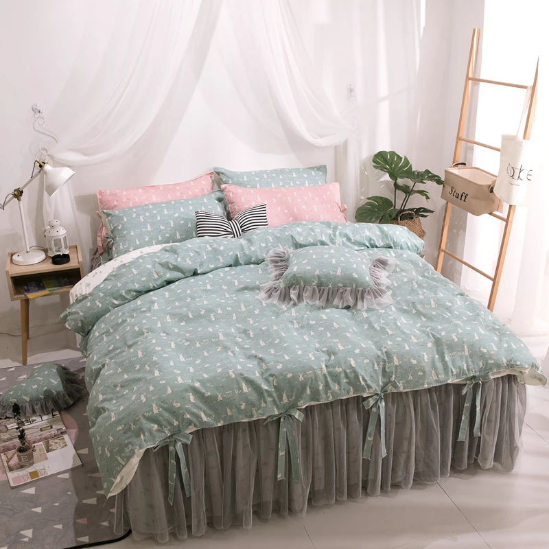 

Free shipping princess lace pink blue cotton bedding 3/4pcs twin full queen king size bowknot feather printing bed skirt MR