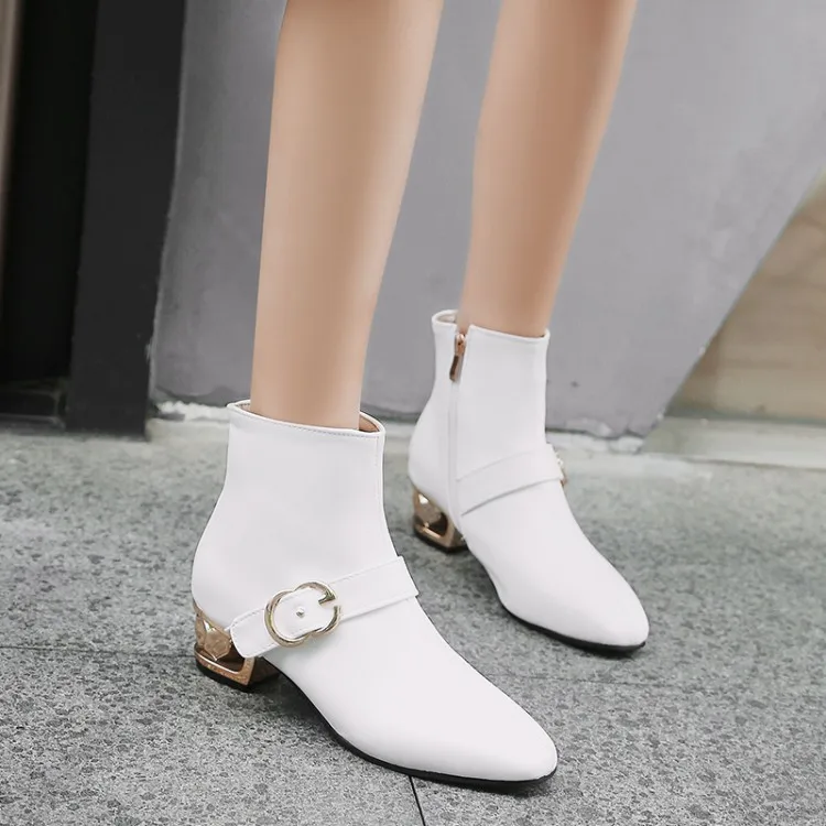 

Big Size 11 12 13 14 15 16 17 Square-headed thick-heeled metal decorative side zipper square-heeled short-barreled fashion boots