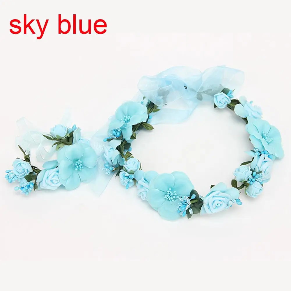 sky blue 2 шт. Модные женские летние свадебные кружевные цветы венок-Корона вечерние каникулы повязка на голову и ручной цветок набор венков - Цвет: sky blue