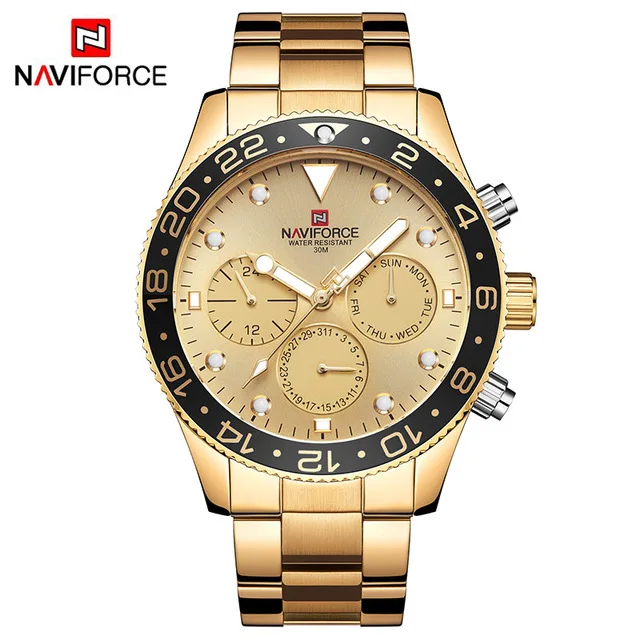 gold gold black NAVIFORCE Топ люксовый бренд часы мужские модные повседневные кварцевые 24 время, Дата спортивные часы мужские полностью стальные деловые водонепроницаемые часы - Цвет: gold gold black