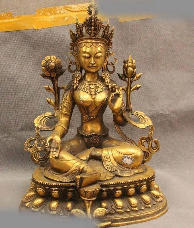 

18" Tibet Bronze Gild Green Tara Mahayana Buddhism Enlightenment Goddess Statue