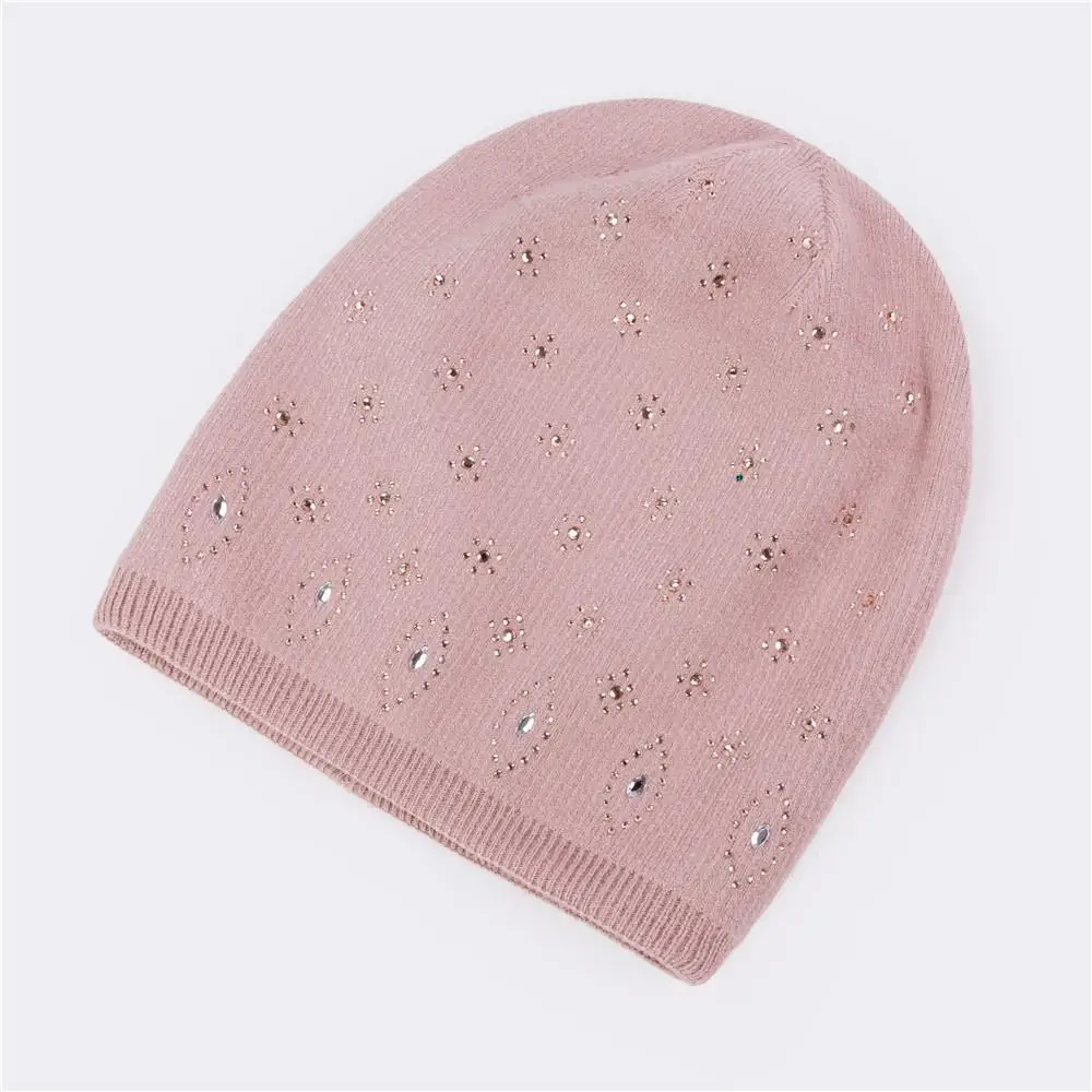 COKK шерстяные зимние шапки бини для женщин Skullies Beanies Hat для женщин Стразы цветок вязаная шапка для девочек чулок шапка женский чепчик - Цвет: Pink