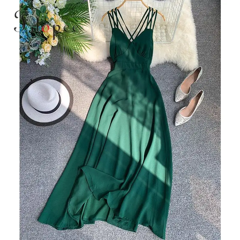 

Summer 2019 Sexy Dress Holiday Beach Spaghetti Strap V-neck Solid Color Plus Size Dress Open Back High Waist Irregular Vestidos