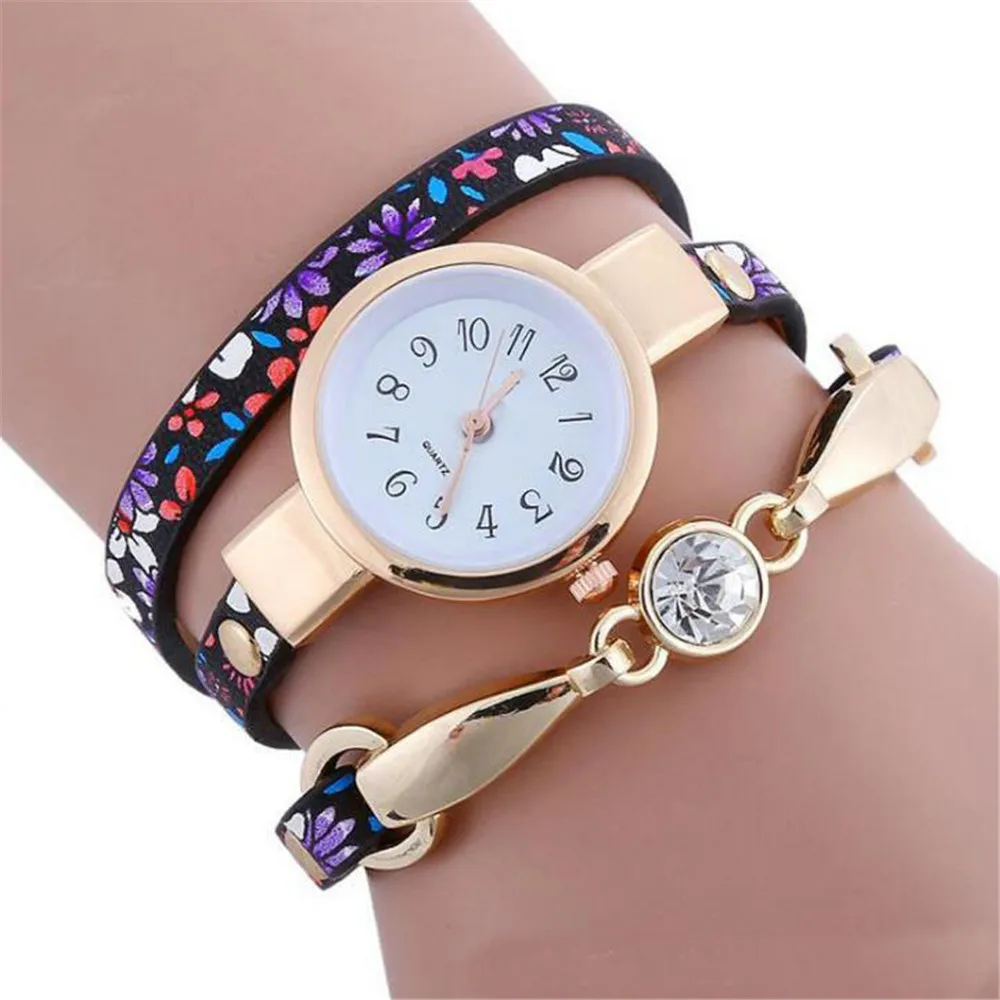 

Lady's Printed Belt Bracelet Watch with Diamond Pendant Leisure Pastoral Style Quartz Watch