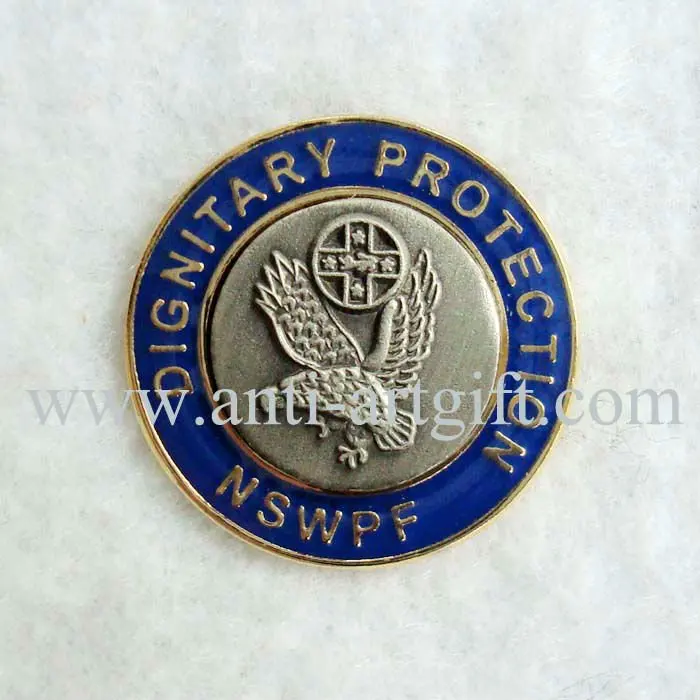 

Antique tin 3D die struck badge Soft enamel high quality round shape