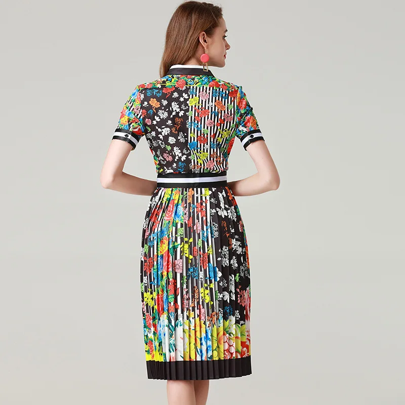 2019 Noir Les Femmes Pièce Blouse Courtes De Mode 2 Formelle Floral longue D'été Piste Plissée Imprimé Jupe Ensembles Pour Tenues Manches Qyfcioufu Mi Bg8wq8