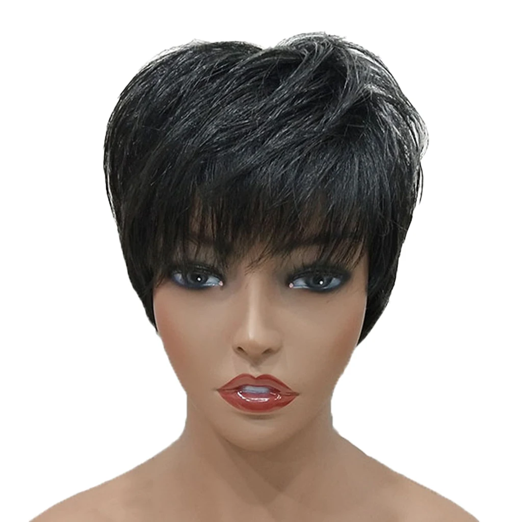 

Women Black Real Human Hair Wig 25cm Layered Straight Wig Hairpieces Heat Resistant for Daily Party Cosplay Costume Wear