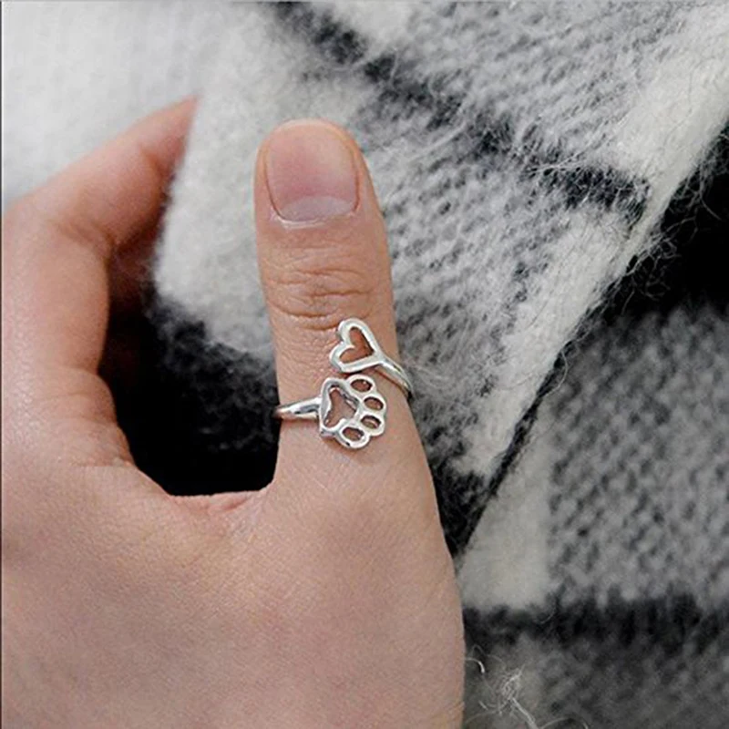 

New Arrival Women Girl Cute Simple Alloy Love Heart Dog's Claw Open Adjustable Rings Animal Style Hollow Paw Ring Jewelry