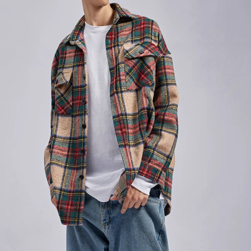 

Winter Khaki Plaid Thick Flannel Shirt Patched Pockets Long Sleeve Cropped Workshirt Streetwear