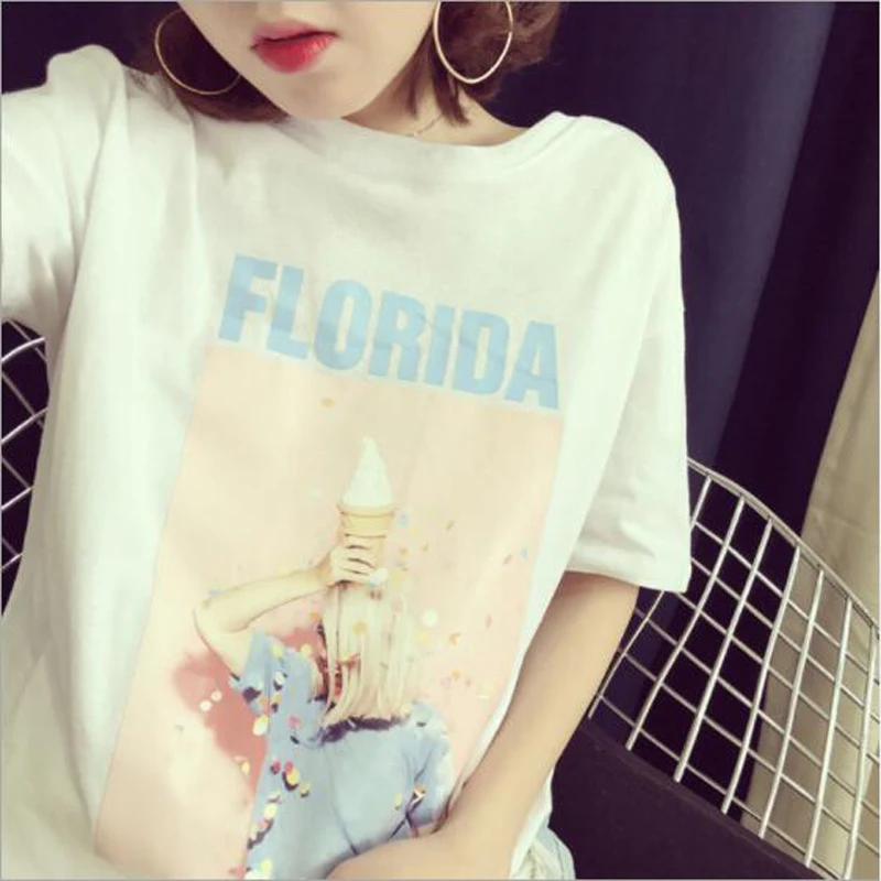 

New Fashion Tops for Women Spring Summer FLORIDA Print Short Sleeve O Neck Cotton T shirt Feminina Slim Fit T shirts Women
