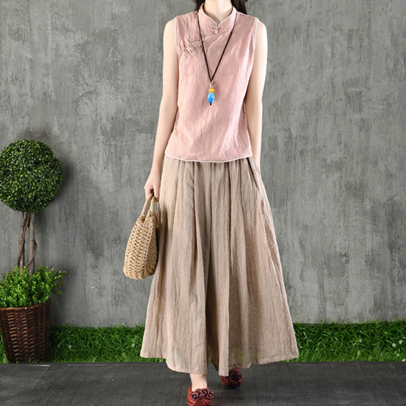 Wanita Katun Linen Lebar Kaki Celana 
