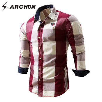 

S.ARCHON Spring Men's Casual Long-Sleeved Shirt Fashion Autumn Cotton Turn-Down Collar Slim Plaid Color Shirt Fashion Shirt