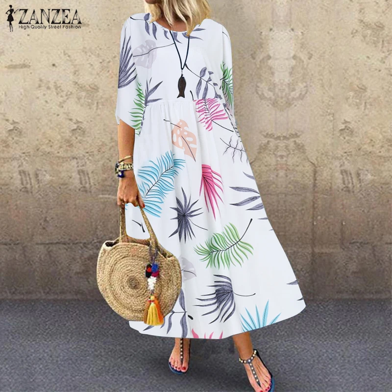 Bohemian Sundress Women Floral Printed Beach Dress ZANZEA Summer O Neck Half Sleeve Party Vestido Casual Loose Dresses Kaftan