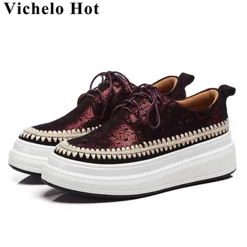 

Vichelo Hot genuine leather med bottom lace up round toe sneakers European designer streetwear daily wear vulcanized shoes L75
