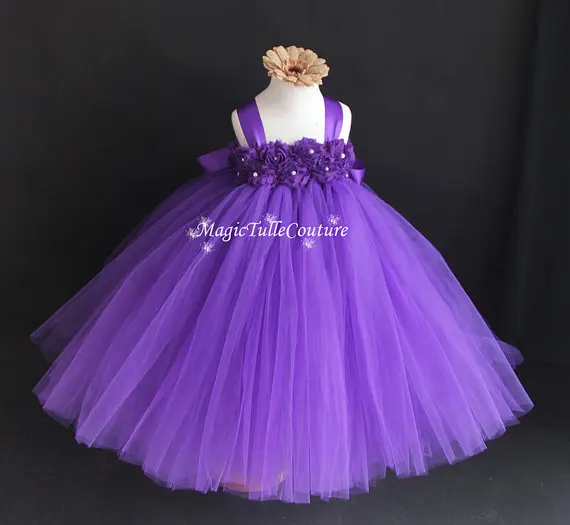 Цветок платье-пачка для маленьких девочек для От 2 до 10 лет Одежда для свадьбы, дня рождения Кружево группа принцесса Обувь для девочек бальное платье Платья для женщин для фотосессий - Цвет: Фиолетовый