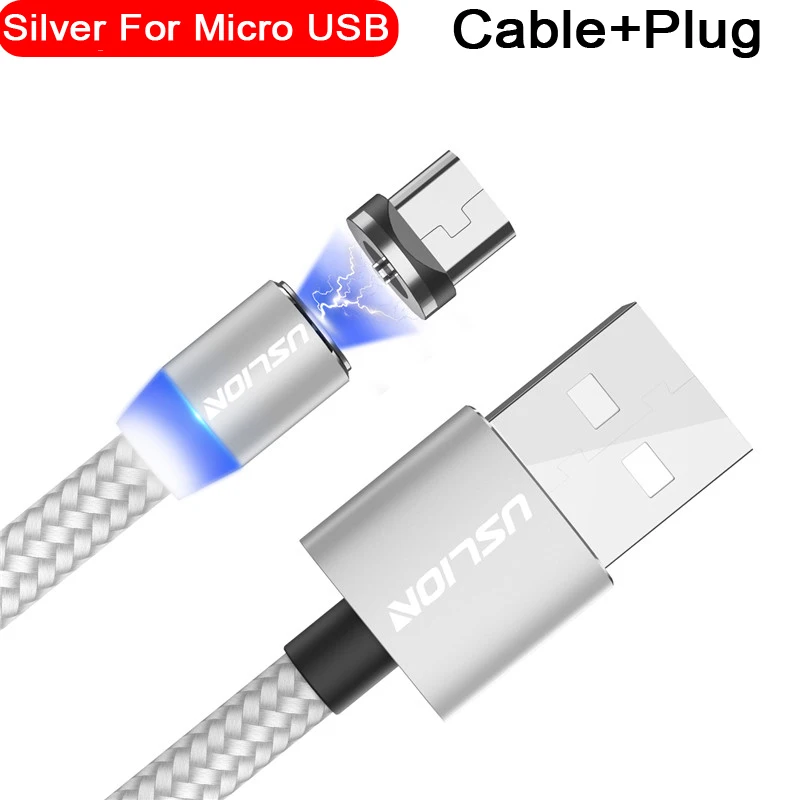 USLION Магнитный Micro USB кабель для быстрой зарядки usb type C кабель для зарядки и передачи данных Шнур для Iphone 7 samsung Xiaomi - Цвет: For Micro Silver