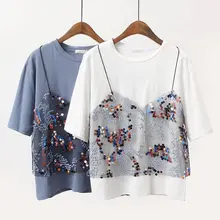 Летние Новинка; футболки Цвет Для женщин с сеткой и блестками поддельные две шт O шеи жилет Рубашка с короткими рукавами Повседневная футболка Бисер женские футболки