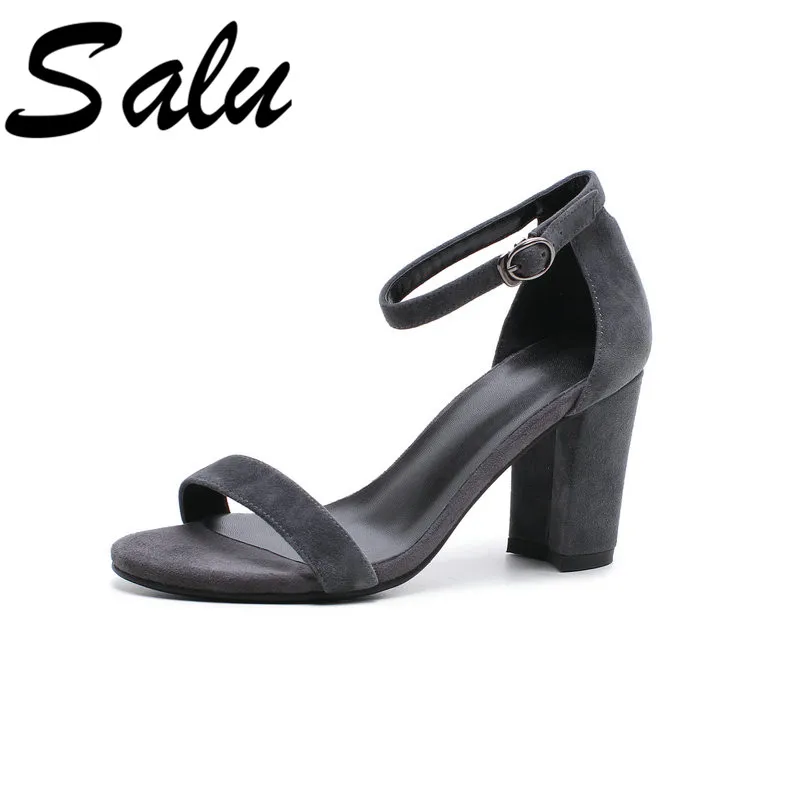 

Salu New Fashion Suede Leather Women Sandals 2019 Summer Open Toe Square Heel Shoes Woman Party Casual Buckle Shoes