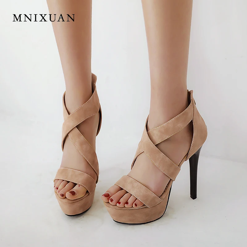 

MNIXUAN Sexy gladiator women sandals shoes super high heels 2019 summer new open toe platform cover heel party shoes big size 43