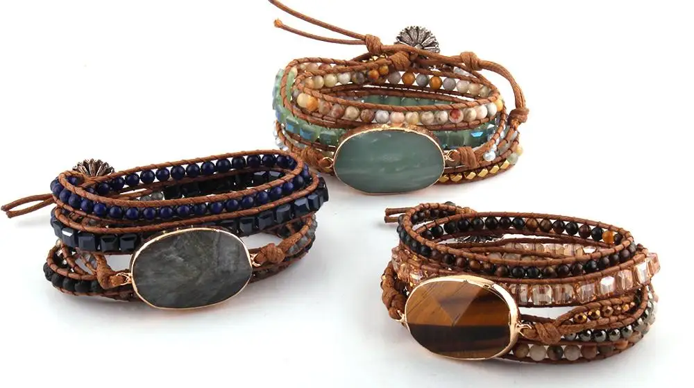 

MOODPC Fashion Women Leather Bracelet Handmade Mixed Natural Stones Crystal Stone Charm 5 Strands Wrap Bracelets DropShippers