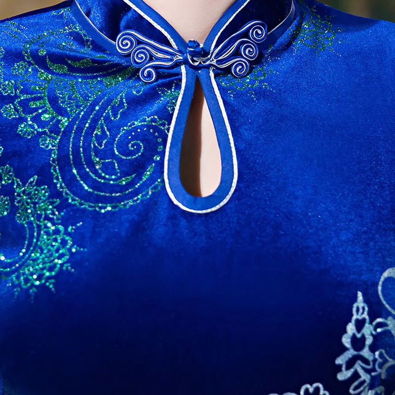 Формальные китайское традиционное платье современные Qipao длинные ежедневно бархат Cheongsam осень-зима Vestido Oriental Стиль Платья для женщин синий xxxl