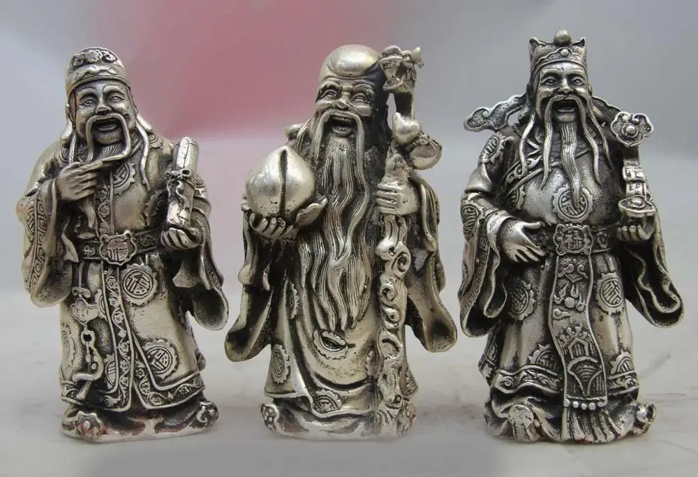 

Chinese Buddhism White Copper Silver Ruyi Blessing Fu Lu Shou God Buddha Statue SD 506