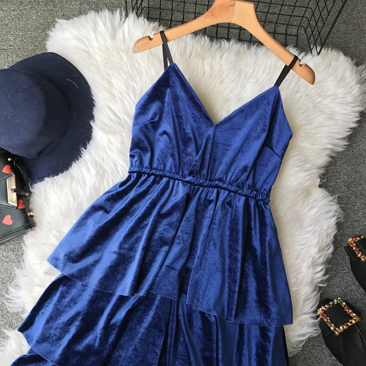 ALPHALMODA Retro Velvet Cake Dress High Waist V Collar Women Cute Vestidos De Fiesta Solid Female Medium Long Party Vestidos