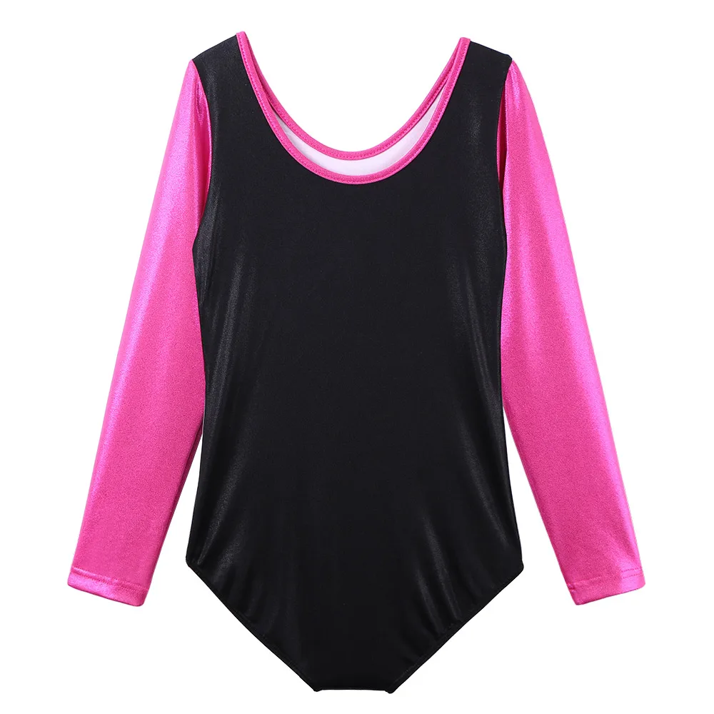 BAOHULU Long Sleeve Gymnastics Leotard for Girls Youth Black HotPink Patchwork Toddler Leotards Athletic Costume Kids Dance Wear