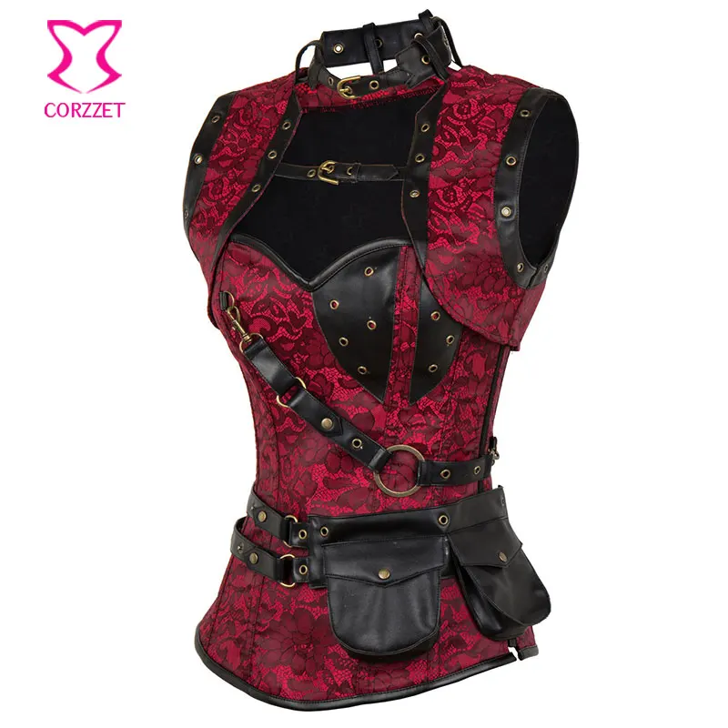 Корзет красная кожа панцири Стимпанк Overbust Корсеты и куртки талии тренер стальная