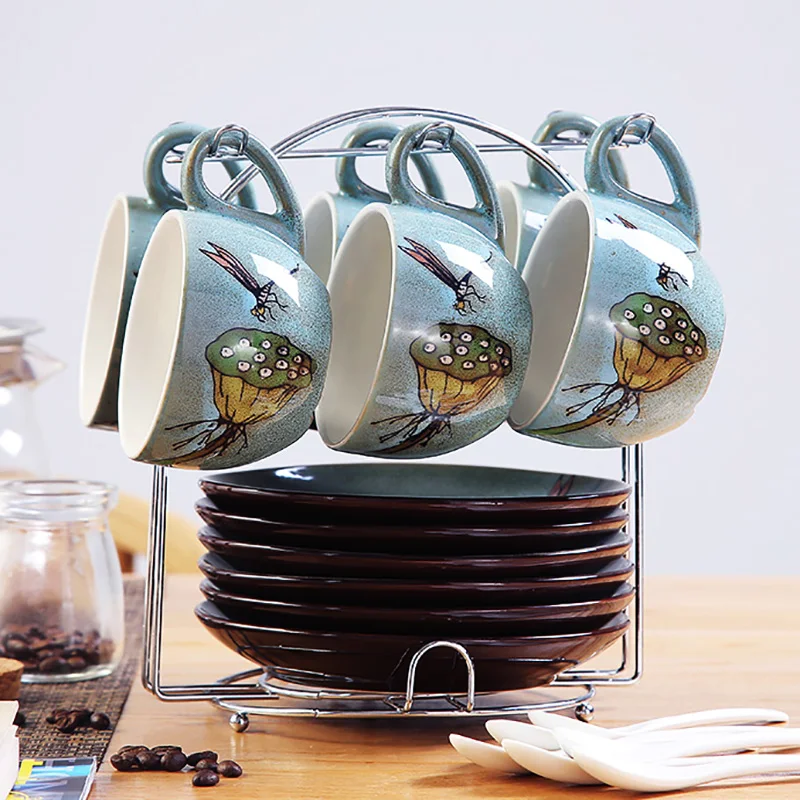 رسمت باليد القهوة الكؤوس ملاعق الكؤوس الصحون coffeeware يحدد 6 الإبداعية النمط الأوروبي coffeeware المنزلية مجموعة هدية مربع