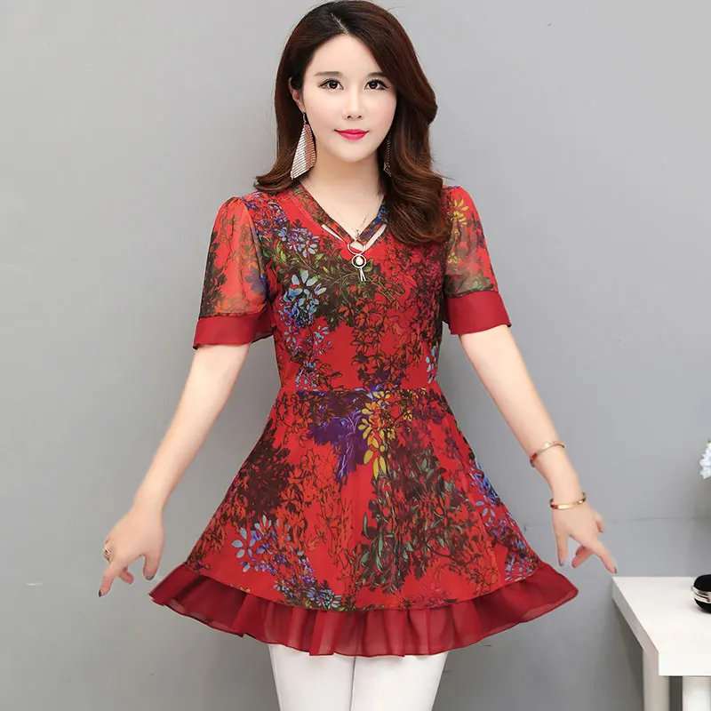 Шифоновые блузки рубашки 4XL 3XL Женская Офисная работа туника Пеплум с цветочным
