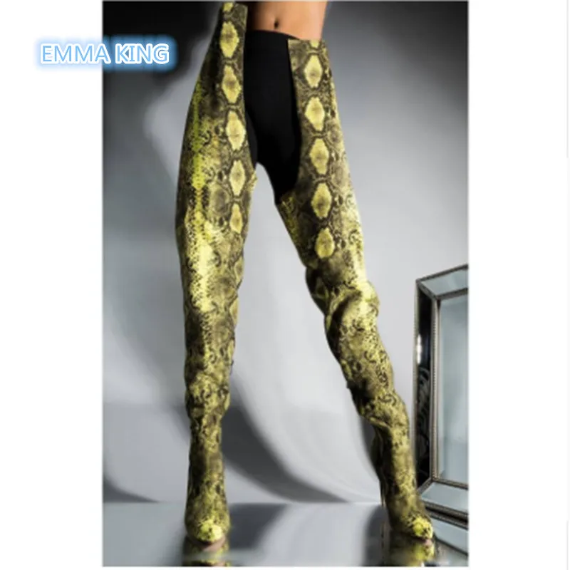

Winter Snake Prints Over The Knee Boots Women High Waist Knight Boots Stiletto High Heels Pointed Toe Sexy Ladies Botas Mujer