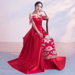 Красный Винтаж Cheongsam свадьбы китайское платье Suzhou Вышивка Длинные Qipao Для женщин пикантные традиционный Cheongsam Размеры размеры s m l xl XXL